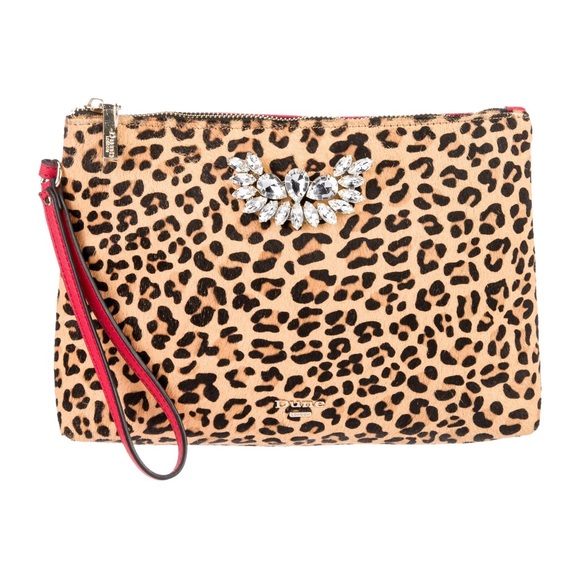 Dune London calf hair cheetah print wristlet with gems and red back NWT - Picture 1 of 10